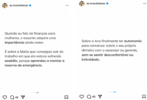 Figura 3 – Postagem veiculada no Instagram “As Investidoras” de educação financeira para mulheres. Fonte: Disponível em @as.investidoras. Acesso em: 10/11/24